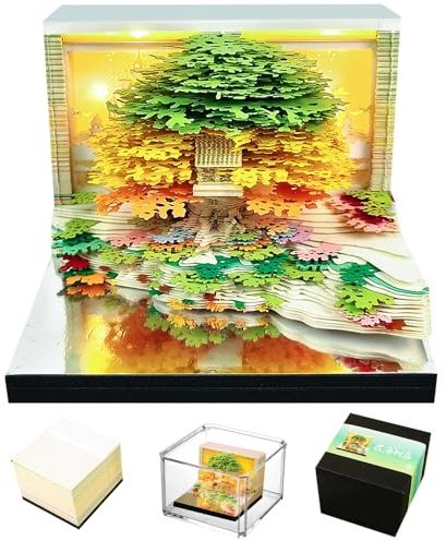 KBIBCK Schreibtisch Kalender mit Lichtern, 3D Memo Pad Papier Schnitzen, 3D Kalender Abreißen 2026, Papierskulptur Baumhaus 3D Tischkalender, 3D-Notizblock, Geschenke für Weihnachten Geburtstag (Grün)
