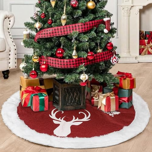 Druuzyl Weihnachtsbaum Rock 92cm Rot mit Rentier Design - Flauschige Weihnachtsbaumdecke Rund, Christbaumdecke Groß für Baumständer, Deko mit Schneeflocken, Weihnachtsbaum Teppich Indoor/Outdoor