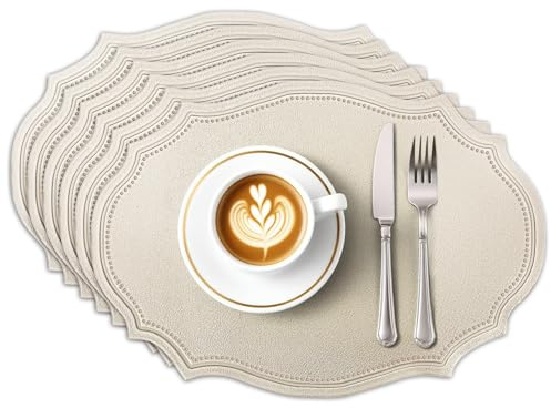 Privalace 6er Set Oval Lederoptik Platzsets Doppelseitigen Beige 43x29.5cm | Kunstleder Tischsets Abwaschbar Rutschfest Hitzebeständig Wasserdicht Platzdeckchen für Küche Zuhause Restaurant Hotel