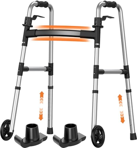 LW01 Faltbares Gehgestell mit Rädern für Senioren – 2-in-1 Gehhilfe mit Gummifüßen & Gleitkufen, 8-fach höhenverstellbar, leichter Aluminium Gehwagen, bis 136 kg belastbar, für Innen- und Außenbereich