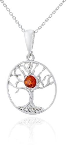 AMBEDORA damer litet silverhalsband livsträd mod.09 med bärnsten, polerad sterlingsilver, baltisk bärnsten i konjakfärg, silverhänge med kedja