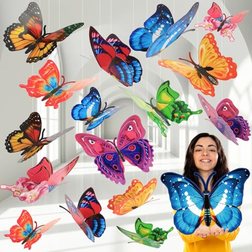 24 Pcs Large Spring Butterfly Decorations 3 Size Colorful Butterfly Hanging Ornaments 3D Artificial Double Layer Butterflies Pendant with Rope Spring Party Supplies for Ceiling Staircase Hallway Decor