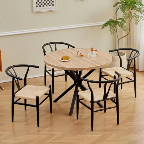 HJhomeheart Esstisch mit 4 Stühlen, runder Holztisch mit 100 cm Durchmesser, 4 Moderne Küchenstühle für Esszimmer, Küche, Wohnzimmer (helle Farbe + Schwarz)