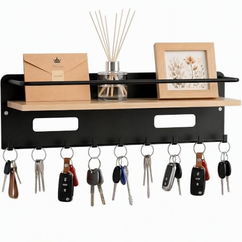 HOMIKLSA Schlüsselbrett mit Ablage und 8 Haken | Wand Schlüsselhalter aus Metall mit Holztablett für Schlüssel und Kleinteile, ideal für Flur, Eingang und Büro