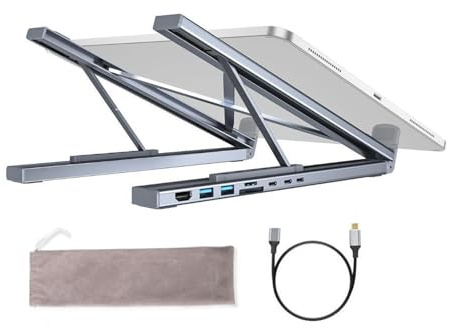 Laptopstativ dockningsstation – 8-i-1 USB C-hub bärbar ergonomisk stigare – 5 Gbps dataöverföring, vikbart laptopstativ med USB-portar – för skrivbord, resor, , spelarbete