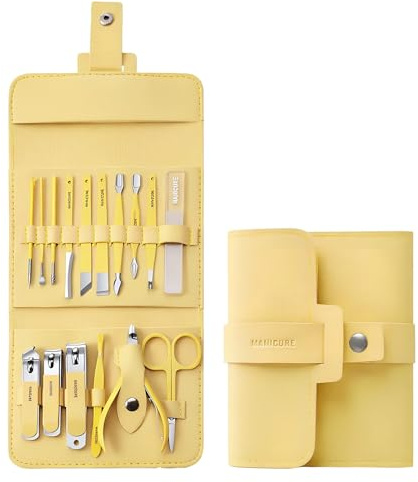 wkao Nagelpflegeset, Edelstahl, Maniküre-Pflege-Set mit Pediküre-Werkzeugen, sekundär geschärften Clippern, inklusive 14 x 11,4 cm PU-Leder-Reiseetui, Ohrlöffel und Glasfeile, 16-teilig
