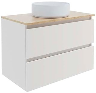 Baikal Mueble de Baño Mel. Mueble MONTADO. 80cm Blanco 2 Cajones Suspendido con Lavabo sobre Encimera. Armario de Baño. Incluye Lavabo Ceramico