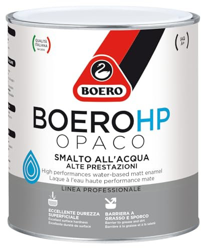 Boero HP Opaco smalto all'acqua ad altissime prestazioni. Barriera antisporco ed antigraffio. Ottimo per verniciare ferro,legno, plastica,PVC, lamiera zincata etc. Finitura opaca