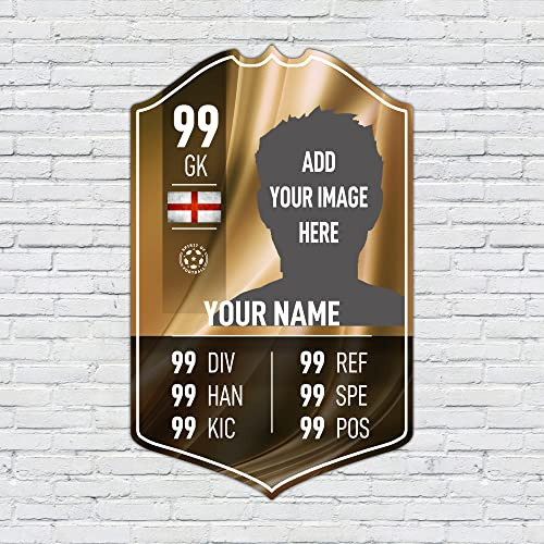 ShopQuality4U Personalised Football Cup Goalkeeper Stats Card Sign - Gold Background Printed Metal Shield Sign Wall Art A4 Goalkeeper Add Name (28x17cm)