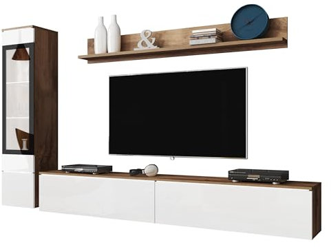 Mirjan24 Wohnwand Doppo I, Schrankwand, griffloses Öffnen, Fernsehschrank, Anbauwand, Mediawand, Wandregal, TV-Lowboard, Hängevitrine (Wotan/Weiß Hochglanz, mit weißer LED Beleuchtung)