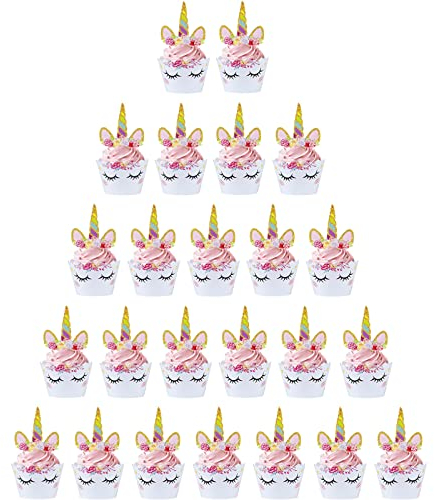Einhorn Muffin Deko 24 Set, Opret Einhorn Tortendeko Cupcake Toppers, Einhorn Geburtstagsdeko Kuchendeckel Kuchen Deko Muffin Deko, Cupcake Deko Wrappers für Geburtstagsfeier Hochzeiten Dessert
