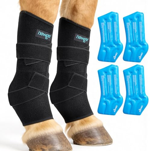NEWGO Impacco di ghiaccio riutilizzabile per cavalli, fascia per gambe di cavallo, copertura completa, 2 confezioni con 4 confezioni di gel per ginocchia, gambe, stivali e zoccoli
