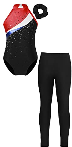 TTAO Gymnastikanzug Kinder Mädchen Ärmellos Turnanzug Trikotanzug Tanz Gymnastik Training Dancewear Gymnastikbody mit Sport Leggings Rot & Schwarz 158-164