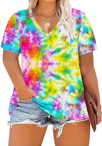 ForHailey Women's Plus Size V Neck Tie Dye Tshirts Summer Tunic Tops Short Sleeve Tee Shirt Blouse Tshirts Trendy Mutilcolor 3X-Large