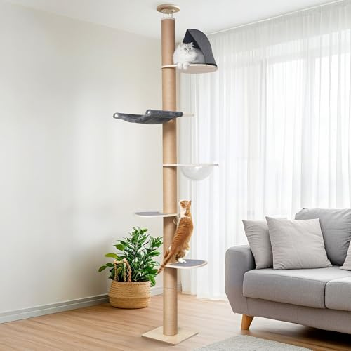 FUKUMARU Floor to Ceiling Cat Tree, 6 Level Adjustable Height Climbing Tower with Thickened Scratching Posts, Cat Activity Center with Transparent Capsule and Cozy Hammock