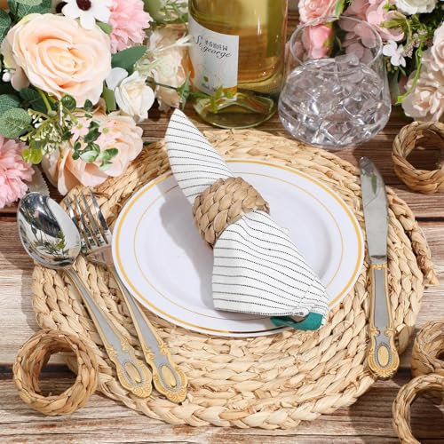 Hsei Farmhouse Serviettenringe, Tischdekoration, handgefertigt von natürlicher Wasserhyazinthe, rustikaler Ringhalter, gewebte Serviettenringe für Thanksgiving, Neujahr, Hochzeit, Weihnachten,