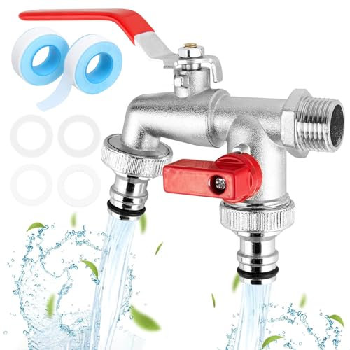 CZAYEFNH Double Robinet de Jardin, Robinet Exterieur en Laiton, Robinet Avec Double Sortie 3/4 et EntréE 1/2, Robinet Antigel Avec Double Connecteur et Embout Tuyau,Pour Jardins,Machine à Laver