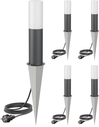 ledscom.de 5x Wegelicht/Pollerleuchte GROPO mit Erdspieß und 2m Kabel für außen mit Premium Echtglashaube – UV-beständig, kein Vergilben, IP44, 41 cm, anthrazit, 1x E27 max. 40W