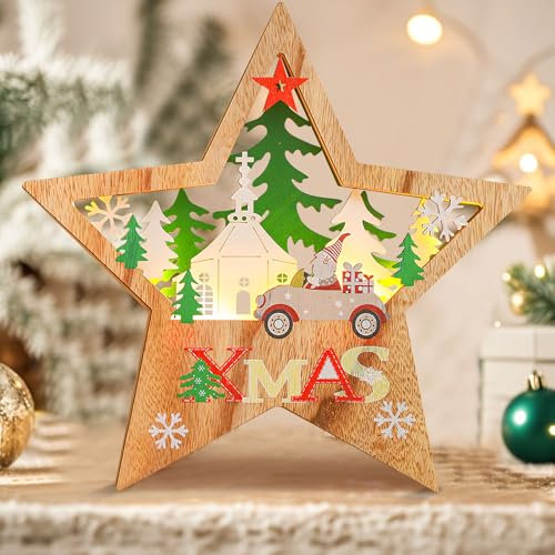ACAREY Weihnachtsdeko Holz Stern Beleuchtung, Weihnachtsdeko Innen Stern Dekoleuchte aus Holz, Weihnachten Deko Weihnachtsstern Beleuchtung Fensterbeleuchtung Holz LED Weihnachtsbeleuchtung (C)