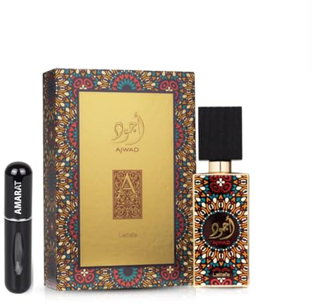 Perfume Ajwad Eau de Parfum 60ML, Perfume Árabe Unisex de Larga Duración, Incluye Atomizador Recargable 5ML, Fragancia Oriental Dulce Floral Amaderado con Notas de Frutas, Rosa y Vainilla (Ajwad)