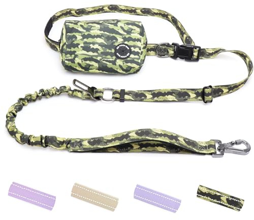 COSOWO Hands Free Dual Handle Retractable Bungee Leash with Reflective Trim, Adjustable Waist Belt for Dog Walking, Running, Hiking - Durable Nylon Leash for Medium Large Dogs, Military Green