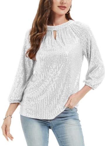 Kyzoeyou Women's Sequin Top 3/4 Sleeve Keyhole Neck Blouse Tunic Party Night Out Top(Silvery X-Large)