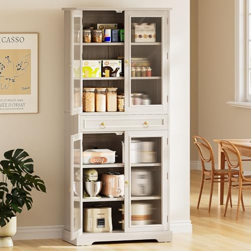 Curlaky Kitchen Pantry Cabinet with Arcylic Doors and Adjustable Shelves - 72 Tall Storage Cabinet Freestanding Cupboard with Drawer, Food Pantry Cabinet, Wood Storage Cabinets for Dining Room, White