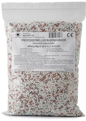 R&R SHOP - Fertilizante Profesional con Certificación CE para Césped, NPK 20-0-12, Efecto Inmediato, Césped Verde y Saludable en Primavera y Otoño (18Kg - 600mq)