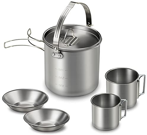 Fictory Set di 5 bollitori in acciaio inox, portatile, per tè, caffè, acqua, grande capacità, con manici pieghevoli, include 2 tazze e 2 ciotole, ideale per campeggio, escursionismo, picnic