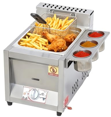 Friteuse à gaz commerciale 8 l en acier inoxydable Deep Fryer Gastro avec couvercle, panier à frire, plan de travail, machine à frire, frites, beignets pour restaurants, snacks, maison