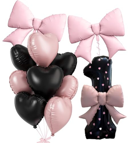 Globo de corazón y nudo, 11 piezas de decoración de cumpleaños, color rosa negro, lindos globos de aluminio - diseño de corazón, nudo y número 1, decoraciones de fiesta sobre el tema de los nudos para