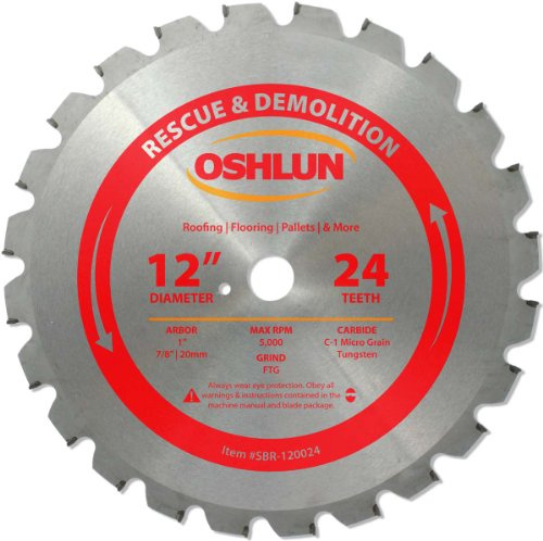 Oshlun SBR-120024 12-Inch 24 Tooth FTG Saw Blade with 1-Inch Arbor (7/8-Inch and 20mm Bushings) for Rescue and Demolition