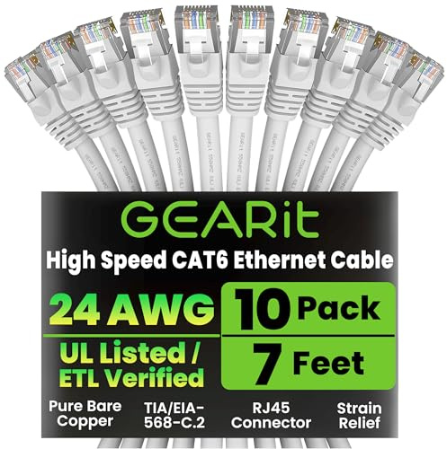 GEARit Cat 6 Ethernet Cable (10-Pack 7 Feet) Cat6 Network Patch, 10Gbps, RJ45, Snagless Cord, Gold-Plated Connectors, Internet for PC, TV, Tablet, Router, Printer, Servers, IT Data Center - White