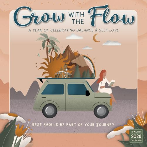 Grow with The Flow Wandkalender 2026, 16 Monate inspirierender Kunstkalender über Balance & Selbstliebe, 30,5 x 30,5 cm, Monatskalender 2026 Planer mit großen Rastern, inklusive Bonusmonate 2025