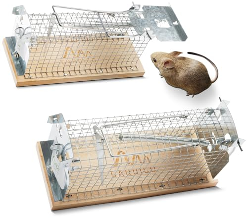 GARDIGO® Set di 2 Trappole per Topi Vivi | Trappola in Legno con Gabbia in Metallo | Riutilizzabili | 15 x 6 x 7,5 cm | Trappola Topi Interno ed Esterno
