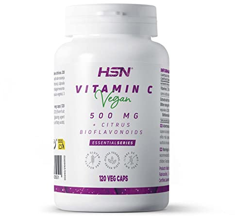 HSN Vitamina C 500 MG de HSN | 120 Cápsulas Vegetales | Pura Vitamina C Vegana con 60% Bioflavonoides Cítricos | ALTA Concentración Ácido Ascórbico | No-GMO, Vegano, Sin Gluten