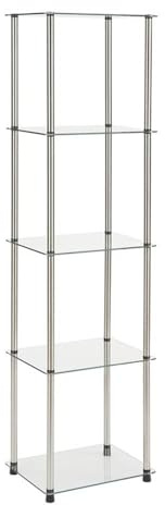 Convenience Concepts Designs2Go Classic Glass 5 Tier Tower 15.75 - Modern Media Storage Bookshelf for Living Room, Display Bookcase for Family Room, Bedroom, Bathroom, Office, Glass/Chrome