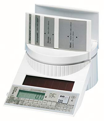 MAUL Portowaage digital weiß MAULtronic S Solar Briefwaage 2 kg fürs Büro | Ein-Tasten-Bedienung, Hold- und Tare-Funktion, angewinkeltes LCD, Aufsatz für Großbriefe, automatische Nullstellung
