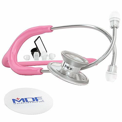 MDF Instruments, Stetoscopio leggero Acoustica per medici, infermieri, studenti, uso sanitario a domicilio, per adulti, a doppia testa, tubo rosa, auricolare-pettorale in argento, MDF747XP01