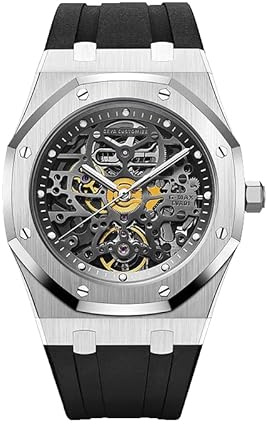 Redhai Automatische mechanische Uhr Skelett Edelstahl 50M Wasserdicht Anti Shock Casual Taucher Herren Armbanduhr Sterling Uhren Chronograph Analog Business Casual Mode Verstellbares Silikonband,
