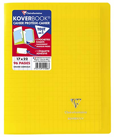 Clairefontaine 951406C – Skolhäftapparat/Anteckningsbok 17 x 22 cm, 48 ark 90 g, fransk linjatur, omslag av transparent polypropen, 2 genomskinliga fodral, robust, häftad, gul, 1 styck