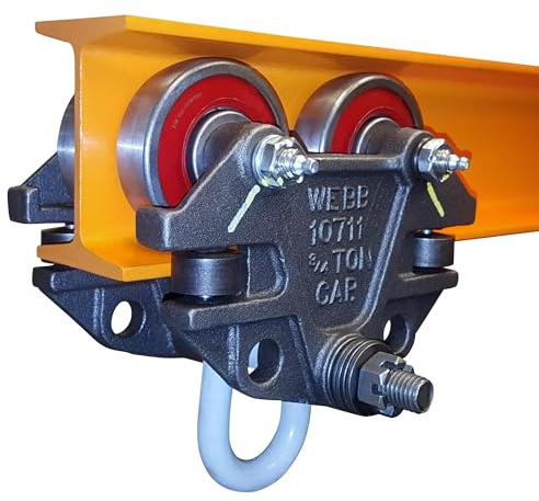 Jervis Webb Beam Trolley With Side Guide Rollers. Heavy Duty 3/4 Ton 1,500 Pounds Capacity. Industrial Grade Conveyor Trolley for I-Beams and Chain Hoists