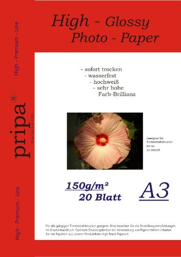 A3 pripa 20 Blatt Fotopapier Photopapier DIN - A 3-150g/qm - glossy (glaenzend) - sofort trocken - wasserfest - hochweiß - sehr hohe Farbbrillianz fuer InkJet Drucker (Tintenstrahldrucker).