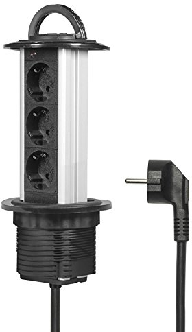Elbe Inno® Versenkbare Tischsteckdose für die Arbeitsplatte (3 Steckdosen), Mehrfachsteckdose für Küche und Büro, wassergeschützte Steckdosenleiste aus Aluminium in schwarz-grau Optik