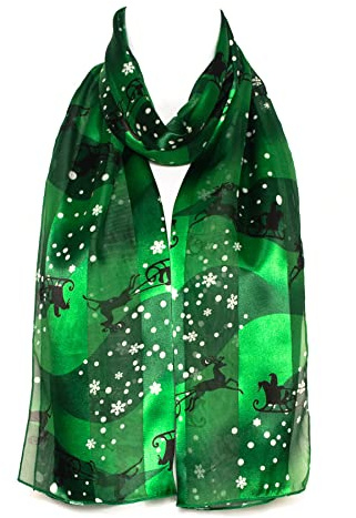 Hat To Socks Christmas Snowflakes Print Premium Chiffon Satin Scarf for Women - Korean Made Lightweight Sheer Fashion Wrap, Soft Elegant Shawl (Green)