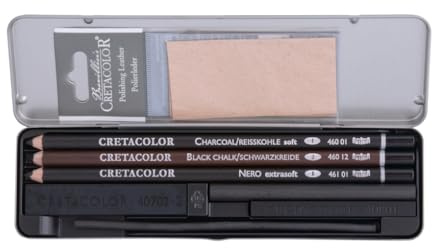 Cretacolor - Kohle Pocket Set - mit Basisausstattung zum Zeichnen und Skizzieren - 8-teilig - edles Metalletui