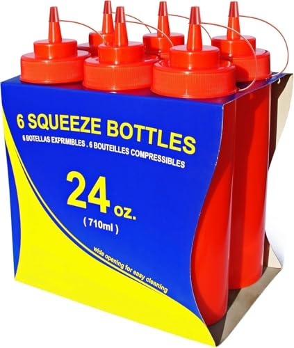 New Star Foodservice 24 oz Red Squeeze Bottle, Wide Mouth, Pack of 6