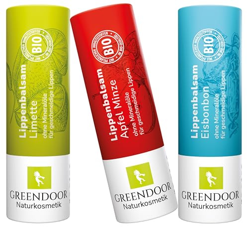GREENDOOR Lippenpflege-Set FRESH, Apfel Minze, Limette, Eisbonbon - 3 aufregend pflegende natürliche plastikfreie Lippenbalsam, Lippenpflegestifte, Sparpreis, Naturkosmetik Lip-Balm mit Bio Jojoba