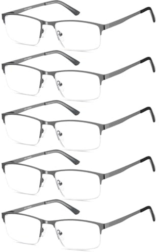 EYECEDAR 5 Pack Reading Glasses Men Blue Light Blocking Eyeglasses Gunmetal Gray Metal Half Frame Spring Hinges Readers for Men and Women 2.5