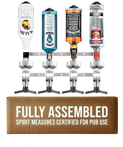 Chabrias Ltd Traditional 4 Bottle Wall Bar Rail + 25ml Chrome Optics UK Made, Fully Assembled Metal Bracket & Pub Trade Compliant Traditional Spirit Optic, Fits 70cl–1.5L Bottles